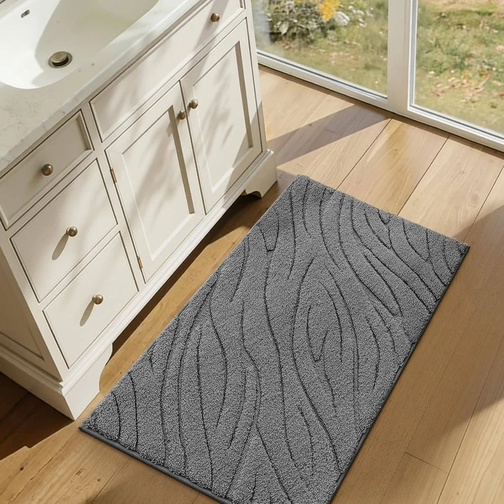 Grey Wavy Textured Microfiber Bath Mat Non-Slip Absorbent Rug 24x43in